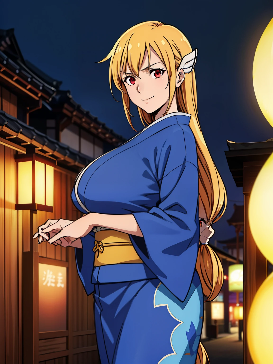 hand holding dango, gold boots, blue kimono, night time, japanese lampion, crowded, (japanese carnaval background), astraea, anime cels style, best quality, high resolution, 1girl, (huge breasts:1.2), beautiful face, blonde hair, long hair, (red eyes:1.5), cowboy shot, light smile