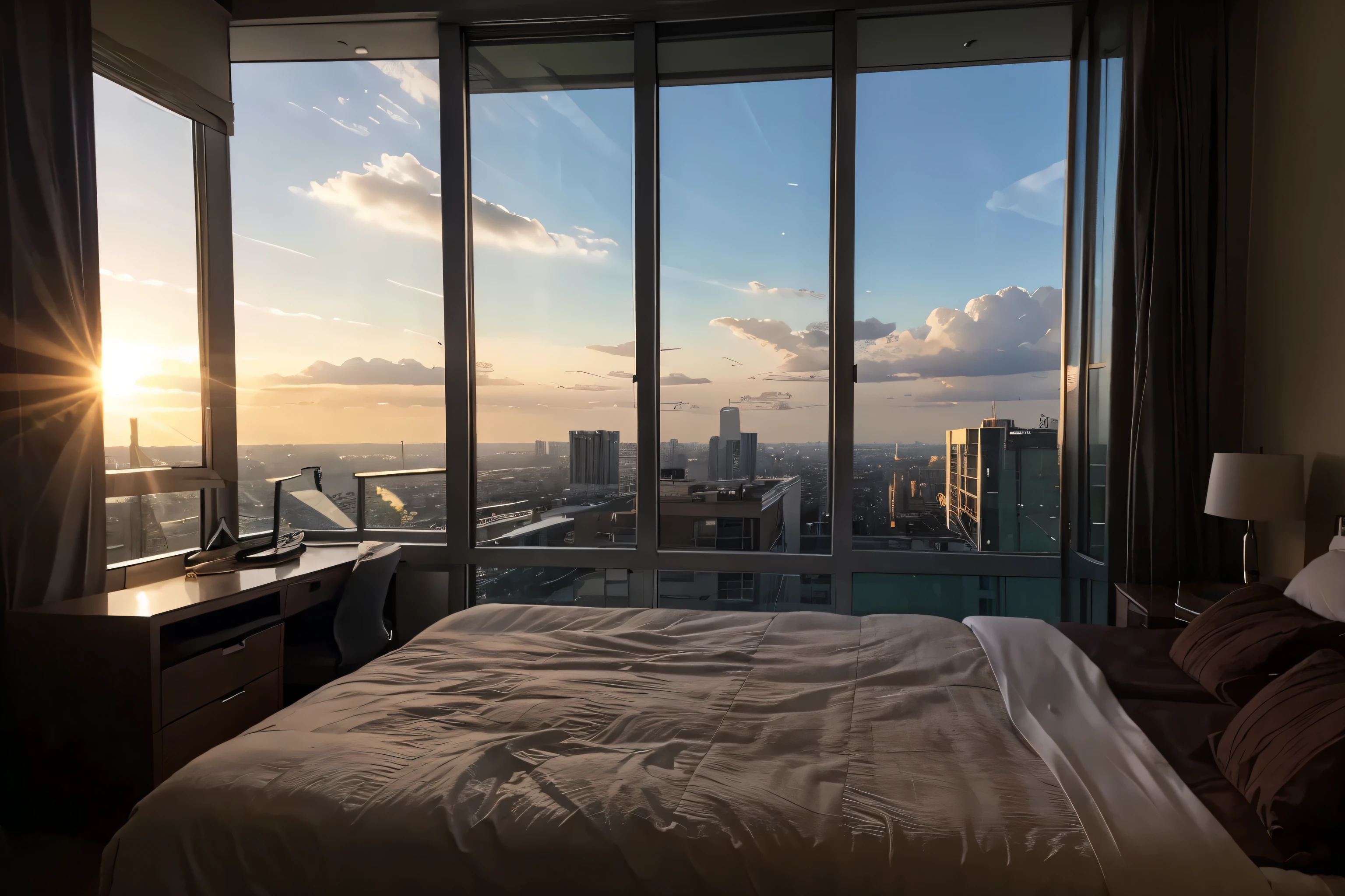 VERY TALL CEILING BEDROOM, ceiling windows, very tall bedroom, very tall, city view, sunset, beautiful clouds, messy room, messy, tall ceiling, tall roof