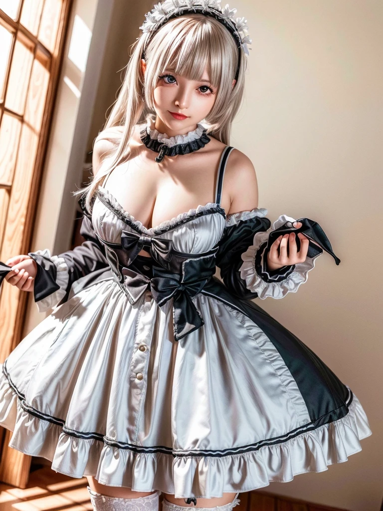 (8K, Photorealistic, Raw photo, of the highest quality: 1.3), (1girl in), Super beautiful, (Realistic face), (boyish, Silver Color Berry Shorthair), Beautiful , Glare that captivates the viewer, Beautiful expression, Beautiful breasts, (Realistic skin), Be...Super high quality, super high definition, super detailed, masterpiece, 20years old, female, cute, perfect face, beautiful, nice body, gothic ta clothes, gothic loliashion, frilly skirt, headdress, necklace, bracelet, knee-high socks, boots, double eyelids, tear bags, Detailed down to the fingers, photo-like description, indoors, dim indoor lighting, big breasts, blonde hair, semi long, standing, whole body, composition that shows the whole body, smiling