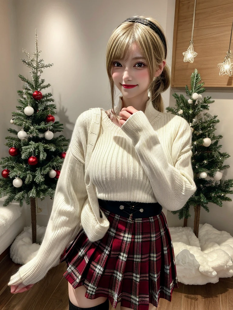 Super high quality, super high definition, super detailed, masterpiece, 20 years old, female, cute, nice body, perfect face, beautiful, white knit sweater, winter clothes, pleated skirt, red and black checked skirt, long skirt,necklace, bracelet, knee-high socks, boots, double eyelids, tear bags, fingers. Detailed, photo-like description, big breasts,indoors, dim indoor lighting, blonde hair, pony tail,standing, whole body, composition that shows the whole body, smiling,