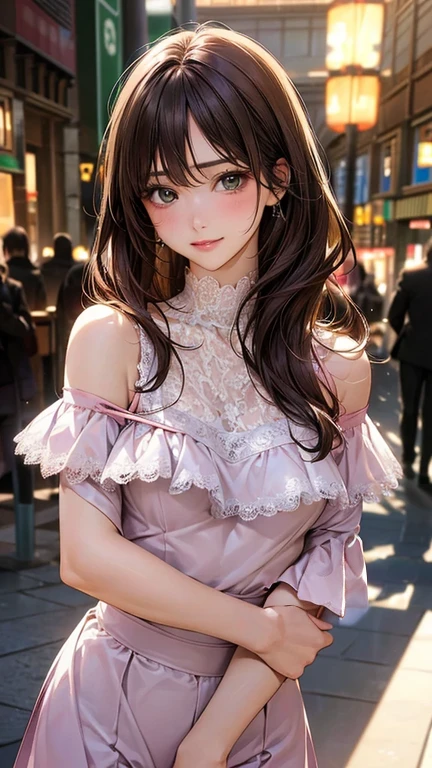 (masterpiece:1.2, highest quality), (realistic, photorealistic:1.4), beautiful illustrations, (natural side lighting, movie lighting), NSFW,
looking at the viewer, 1 girl, Japanese, high school girl, perfect face, Cute symmetrical face, shiny skin,
(long hair:1.5, straight hair:1.4, wine brown hair), flowing bangs, emerald green eyes, long eyelash, (medium breasts), thin,
beautiful hair, beautiful face, detailed and beautiful eyes, beautiful clavicle, beautiful body, beautiful breasts, beautiful thighs, beautiful feet, beautiful fingers,
((Pink ruffle lace-up off-shoulder top, White Culottes)),
(beautiful scenery), evening, (Shopping mall),, Are standing, (cute smile, upper eye),
