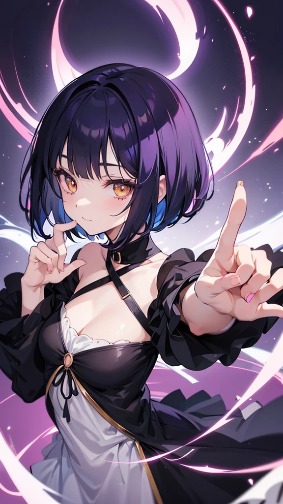 Witch's outfit, Anime-style portrait of a -agerrl with a deep violet bob cut, (Golden eyes), bright eyes, baby-fa eye contact with the camera, subtle smile, minimalistic background to emphasize character, high contrast, clean lines, digital painting, vivid colors
