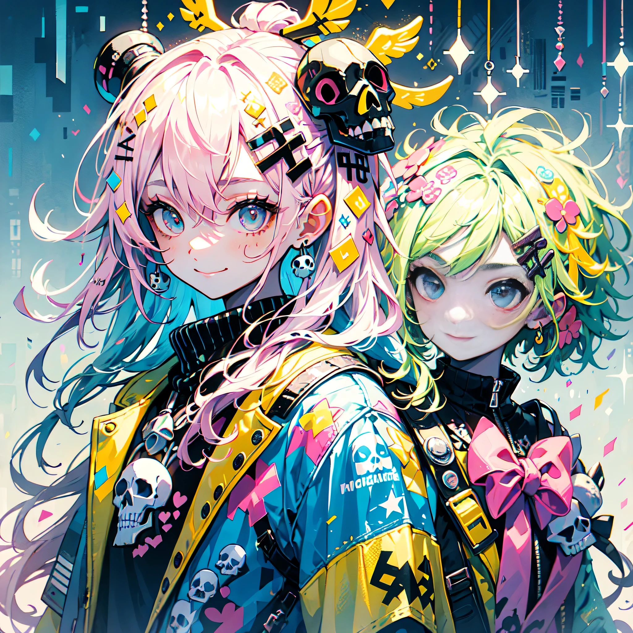 "cute, beautiful, Adorable girl wearing pink clothes, yellow, and baby blue color scheme. She is wearing a costume with a SKULL motif inspired by a female pirate.。.。.。.。.... her costume is fluffy and soft, Comes with decorative accessories such as hair clips. Embodying the vibrant and modern Harajuku fashion style。." 、best smile