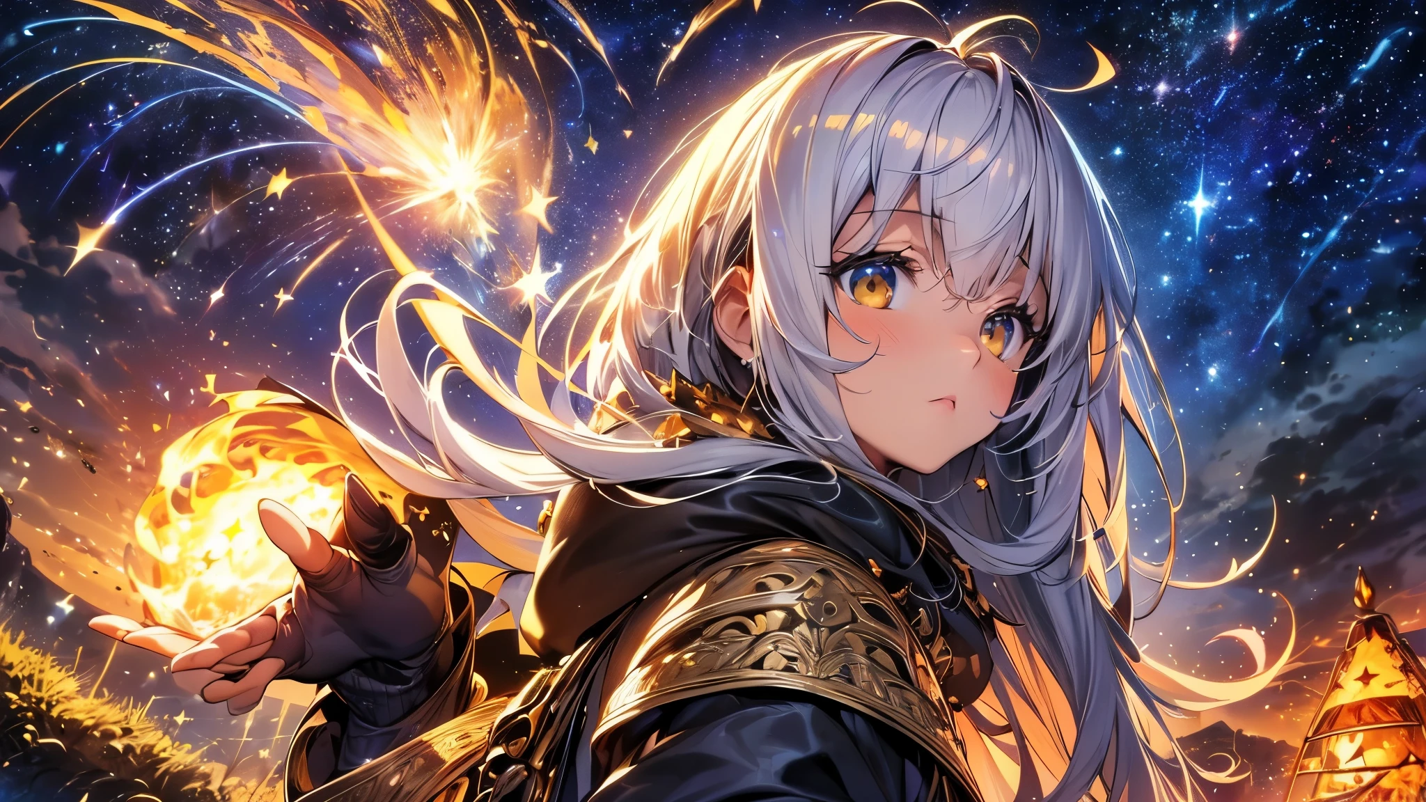 ((highest quality)),(ultra high resolution),(Super detailed),(detailed description),((best CG)),(best work of art),super precision art,amazing drawing art,(Fantasy art with intricate detail:1.5), (adult women:1.6),(beautiful and well-shaped face:1.4),(traveller:1.6),(Cloth clothing:1.5),(Quietly looking up at the stars in the night sky:1.6),cloak:1.6, (bonfire:1.8), (beautiful starry sky:1.6),(Guiding Star:1.3),shooting star