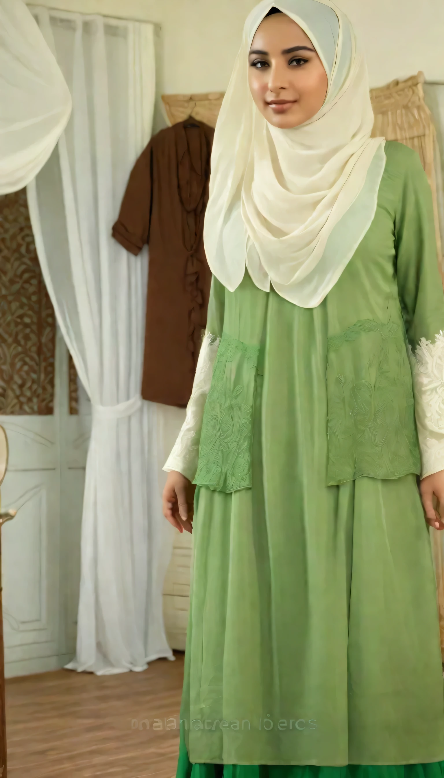 there is a woman in a hijab is standing in a room, dress and cloth, medium shot taken from behind, soft silk dress, formal attire, dress in voile, traditional clothes, long dress with apron, rear-shot, green and brown clothes, refreshing colour, very detailed and rich clothing, mid-view, desaturated!, full covered dress, female outfitNo skirt, playing vagina spill vagina, playing vagina with men, hijabers, muslimah playing vagina
