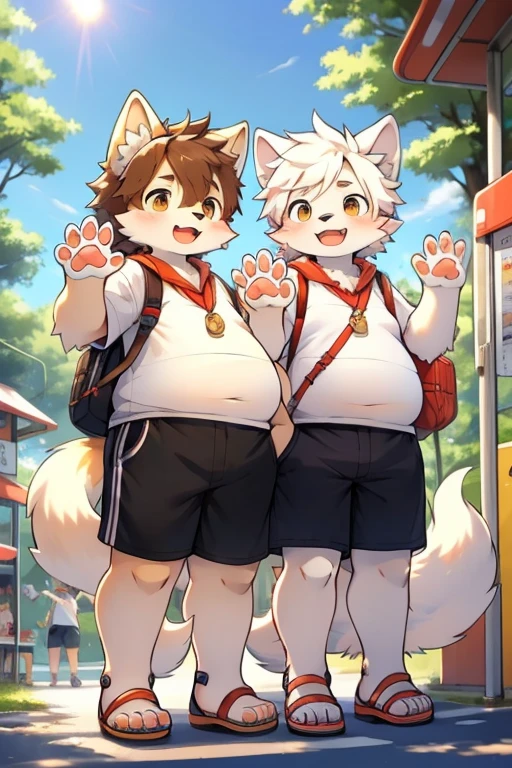 Masterpiece Panoramic front view Two white wolves White wolves in red and white Teenagers boy and girl Fat with fat belly The boy has brown hair The girl has white hair White triangle shorts Black sandals Standing at the bus stop by the forest Eating Two fat white wolves standing together Waving with their paws with pink pads Morning sun