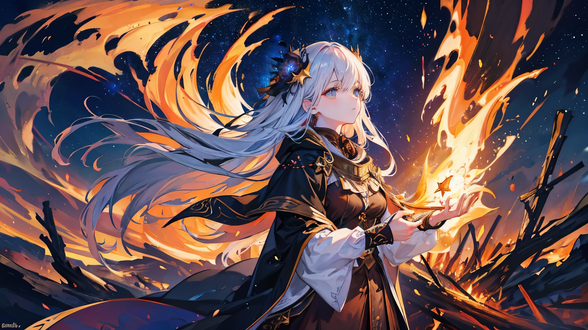 ((highest quality)),(ultra high resolution),(Super detailed),(detailed description),((best CG)),(best work of art),super precision art,amazing drawing art,(Fantasy art with intricate detail:1.5), (adult women:1.6),(beautiful and well-shaped face:1.4),(traveller:1.6),(Cloth clothing:1.5),(Quietly looking up at the stars in the night sky:1.6),cloak:1.6, (bonfire:1.8), (beautiful starry sky:1.6),(Guiding Star:1.3),shooting star