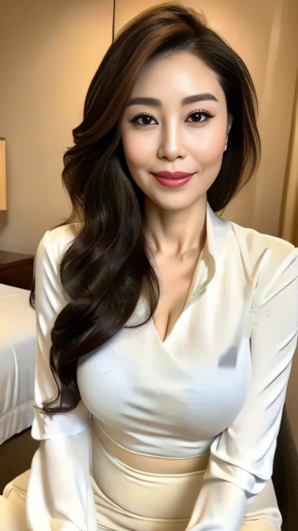 最high quality, 8K, lively, sharp focus, high quality, High resolution, middle-aged women, mature woman, 49 years old, (Full body Esbian), (Detailed face wearing high heels, highly detailed eyes, thick lips, plump body shape、plump face、((big breasts 1.8))、((On a white blouse))、navy blue tight skirt、Love hotel room、random hairstyle、gentle smile、
