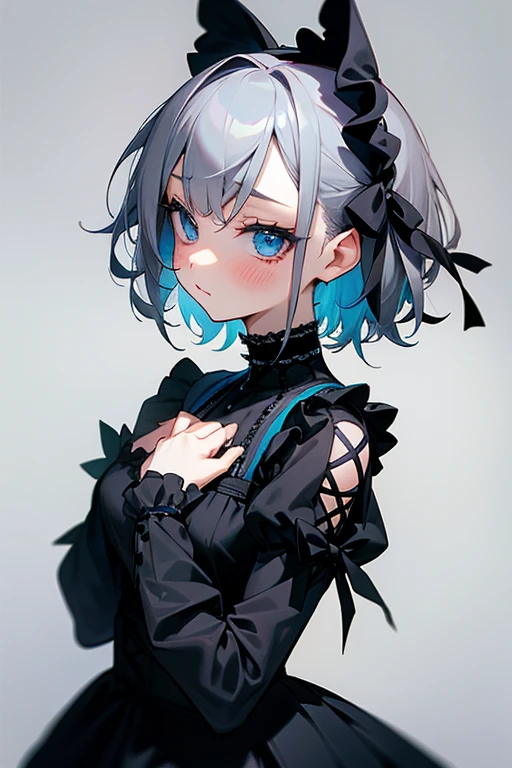short gray hair, blush, Gothic Lolita、punk fashion、Headbang 2.、Blue and black clothes、