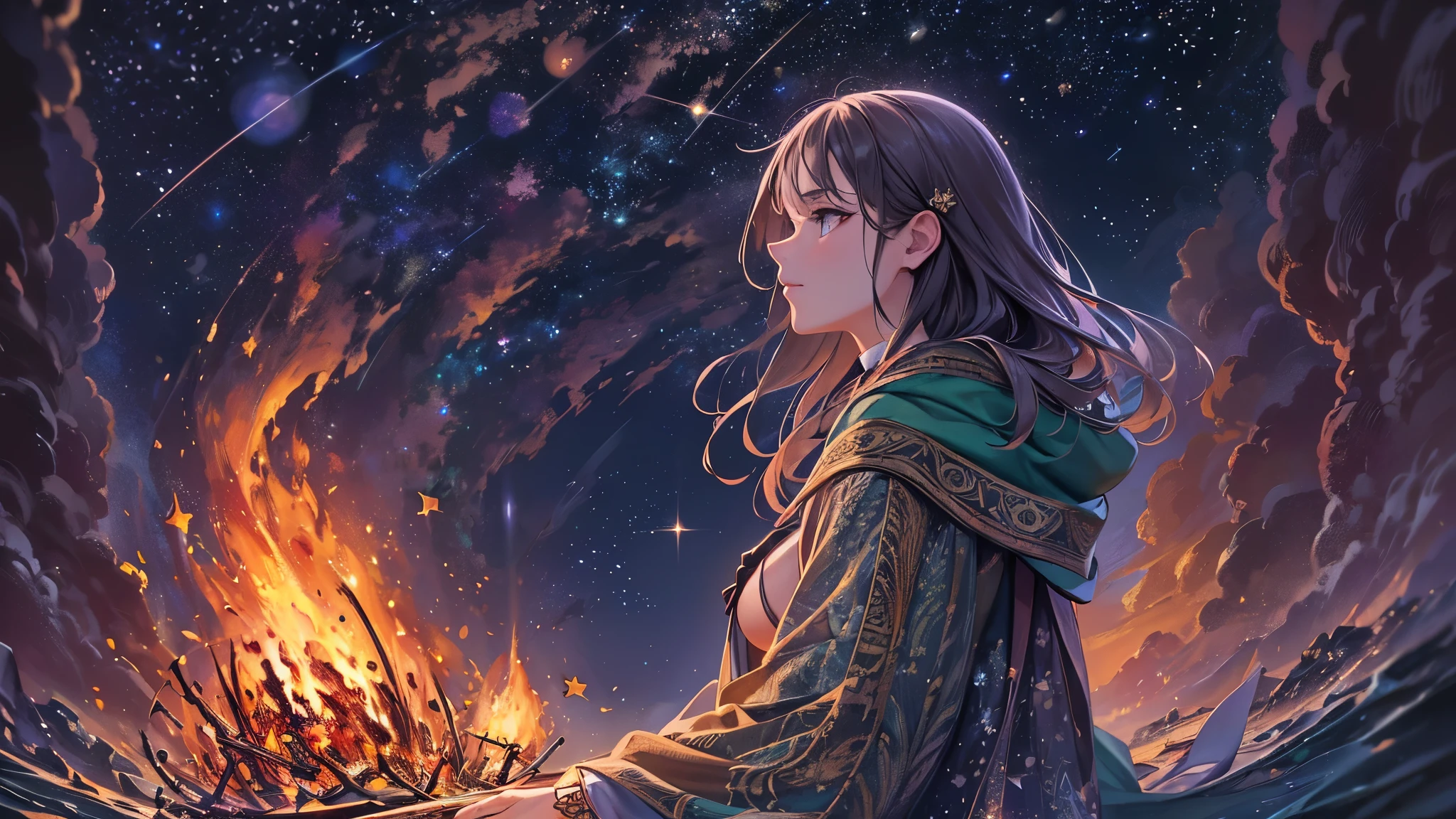 ((highest quality)),(ultra high resolution),(Super detailed),(detailed description),((best CG)),(best work of art),super precision art,amazing drawing art,(Fantasy art with intricate detail:1.5), (adult women:1.6),(beautiful and well-shaped face:1.4),(traveller:1.6),(Cloth clothing:1.5),(Quietly looking up at the stars in the night sky:1.6),cloak:1.6, (bonfire:1.8), (beautiful starry sky:1.6),(Guiding Star:1.3),shooting star