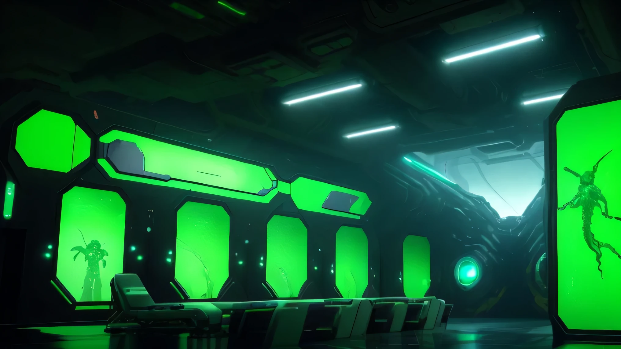 (best quality,4k,8k,highres,masterpiece:1.2),ultra-detailed,(realistic,photorealistic,photo-realistic:1.37),dark room,green phone screen,detailed sci-fi background,spacecraft corridor background,sci-fi background,sci-fi environment,rendered in Nvidia Omniverse,alien room background,cyberpunk spaceship background,dark hangar background,futuristic environment,sci-fi scene,sci-fi environment,futuristic hangar inside,on a futuristic stage,background art,Biochemical laboratory,Biological Engineering,fear,Monster culture vessel,Lots of details,8K,UE4 rendering,The ground is covered with infected vines,damaged,fear