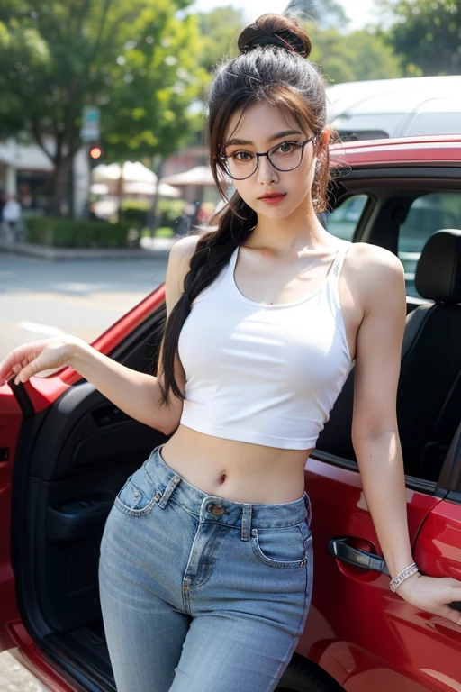 ((best quality)), ((masterpiece)), (detailed), perfect face,cute beautiful Korean girls with best quality enhanced, standing at the bus station, wearing spectacles perched, wearing orange bra off shoulder,and small skirt tight, looking forward to the camera, HAVING VERY BIGGEST BREASTS , VERY BIGGEST BOOTY SIZE, and VERY BIGGEST ASS, VERY BIGGEST BOOTY, HD quality, 8k, sharp focus
