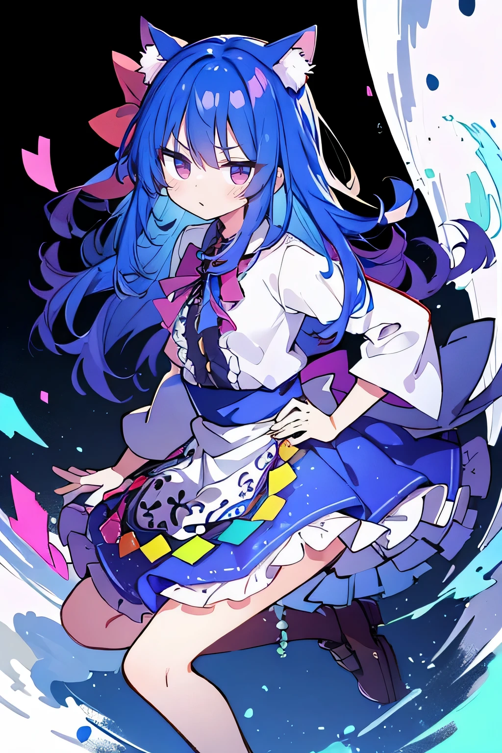 (masterpiece),best quality, expressive eyes, perfect face, 1girl,
Put your hands on your waist,fair, Gorgeous,Japanese cartoons,girl,lola,Hina Angel, blue hair, blue haired, floating clothes,Grab your waist, Grab your waist, hands on hips , hands on hips,sit, sit on ground, Legs on the ground, flat chest,cat ears,