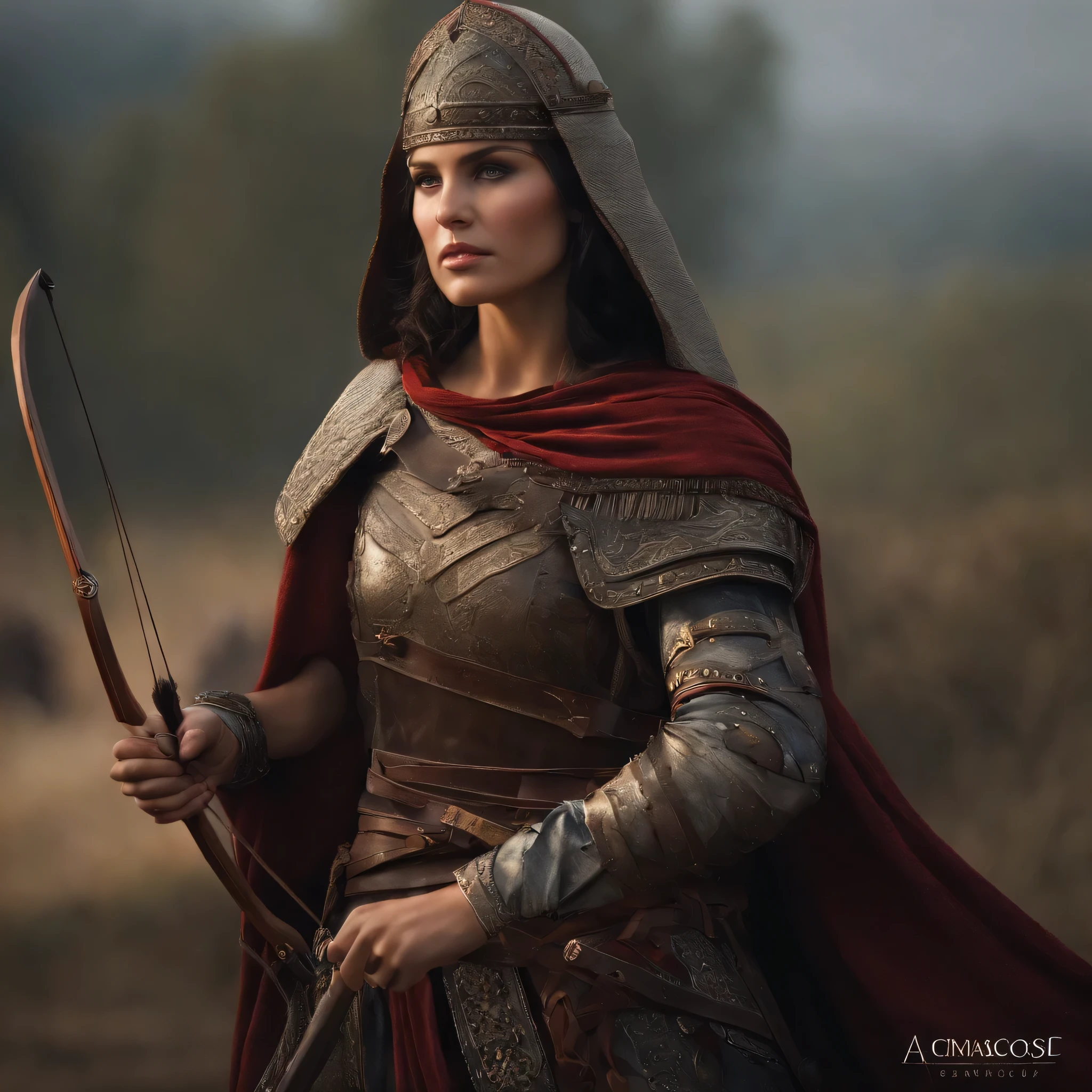 Ancient Russia, woman-warrior, Archer, dark hair, Hood, scars on face, Light Armor