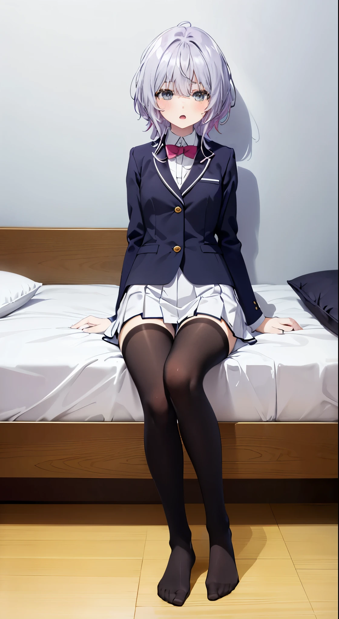 finest, masterpiece, High resolution, (Full body view from head to toe), Composition from the front and slightly below, symmetrical composition, Composition with accurate balance throughout the body、18 years old, slim and beautiful girl, alone, (small breasts), (not wearing shoes),messy hair, bangs, (black tights), (black pantyhose), (sitting on the floor with legs apart), (A pose in which the legs are spread apart on the bed), tied up with both arms hidden behind the back, (Composition showing white panties), (her legs spread、I can see white panties.), (Open mouth with a pained expression), blush, shy big eyes, looking at camera, blazer uniform, plaid pleated skirt