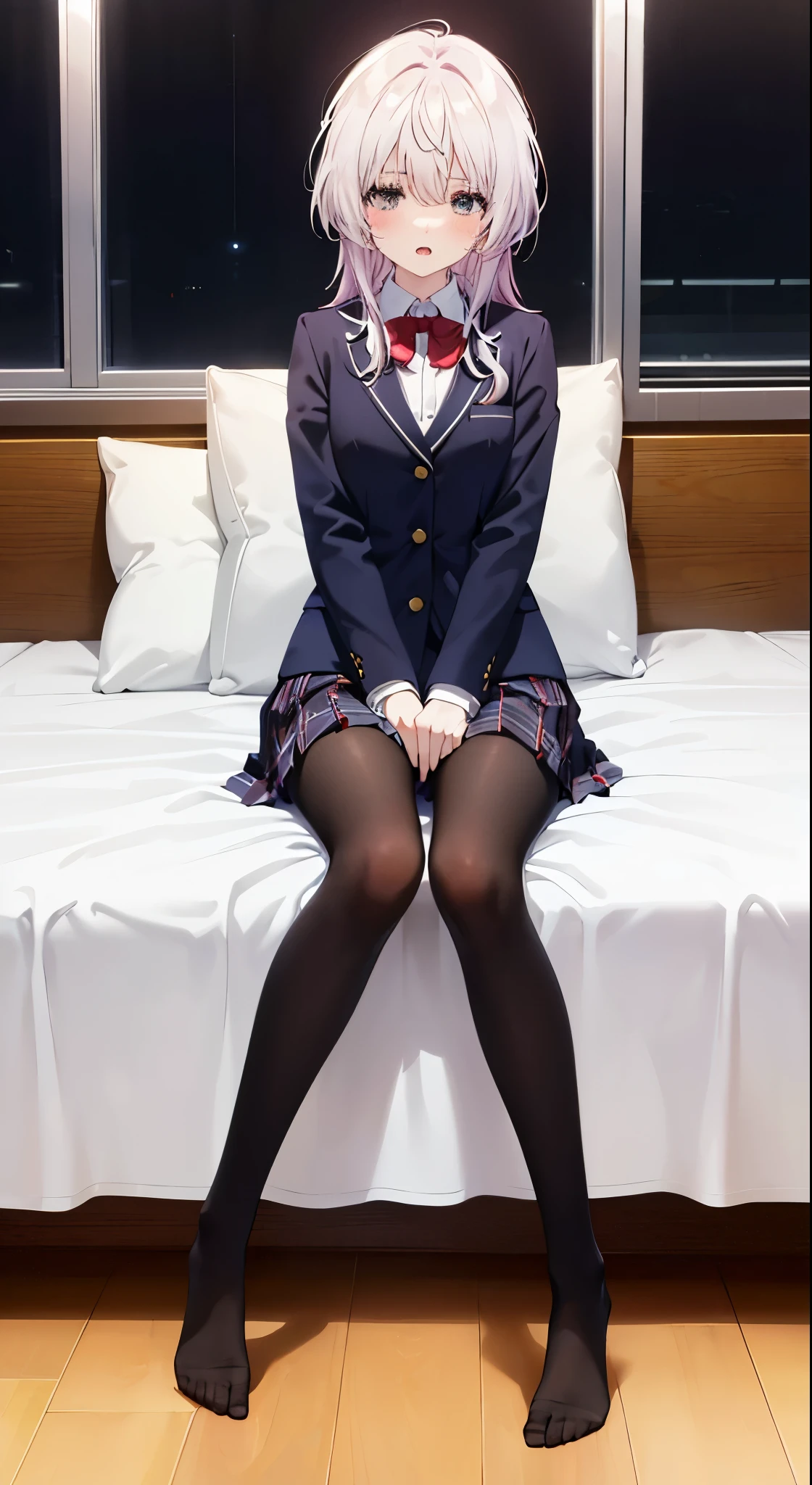 finest, masterpiece, High resolution, (Full body view from head to toe), Composition from the front and slightly below, symmetrical composition, Composition with accurate balance throughout the body、18 years old, slim and beautiful girl, alone, (small breasts), (not wearing shoes),messy hair, bangs, (black tights), (black pantyhose), (sitting on the floor with legs apart), (A pose in which the legs are spread apart on the bed), tied up with both arms hidden behind the back, (Composition showing white panties), (her legs spread、I can see white panties.), (Open mouth with a pained expression), blush, shy big eyes, looking at camera, blazer uniform, plaid pleated skirt