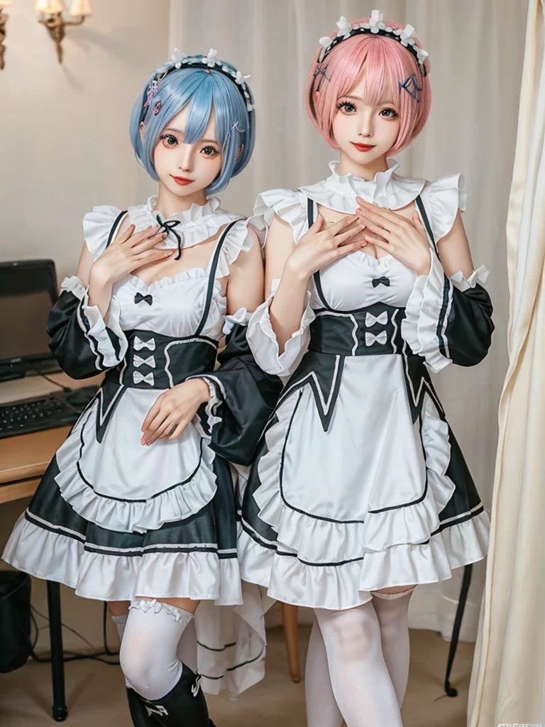(8K, Photorealistic, Raw photo, of the highest quality: 1.3), (1girl in), Super beautiful, (Realistic face), (boyish, pink Color Berry Shorthair), Beautiful , Glare that captivates the viewer, Beautiful expression, Beautiful breasts, (Realistic skin), Be...Create a detailed and colorful image of Ram and Rem from Re:Zero, standing back-to-back in their maid outfits, with a magical fantasy background、14years old, two girls,cute, perfect face, beautiful, nice body, gothic ta clothes, gothic loliashion, frilly skirt, headdress, necklace, bracelet, knee-high socks, boots, double eyelids, tear bags, Detailed down to the fingers, photo-like description, indoors, dim indoor lighting, one girl is pink hair and short bob, another girl is light blue hair and short bob,standing, sexy posing,whole body, composition that shows the whole body, smiling,The Both of them are wearing the same type of maid outfit