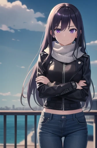 long hair, black hair, (purple eyes:1.3), hair between eyes, cute face, smile, blush, hair drills
BREAK jeans, zipped jacket, biker jacket, scarf, arm warmers, arms crossed, midriff peek
BREAK sky, clouds, road, asphalt
BREAK looking at viewer, wind, wind blowing
BREAK (masterpiece:1.2), best quality, high resolution, unity 8k wallpaper, (illustration:0.8), (beautiful detailed eyes:1.6), extremely detailed face, perfect lighting, extremely detailed CG, (perfect hands, perfect anatomy)