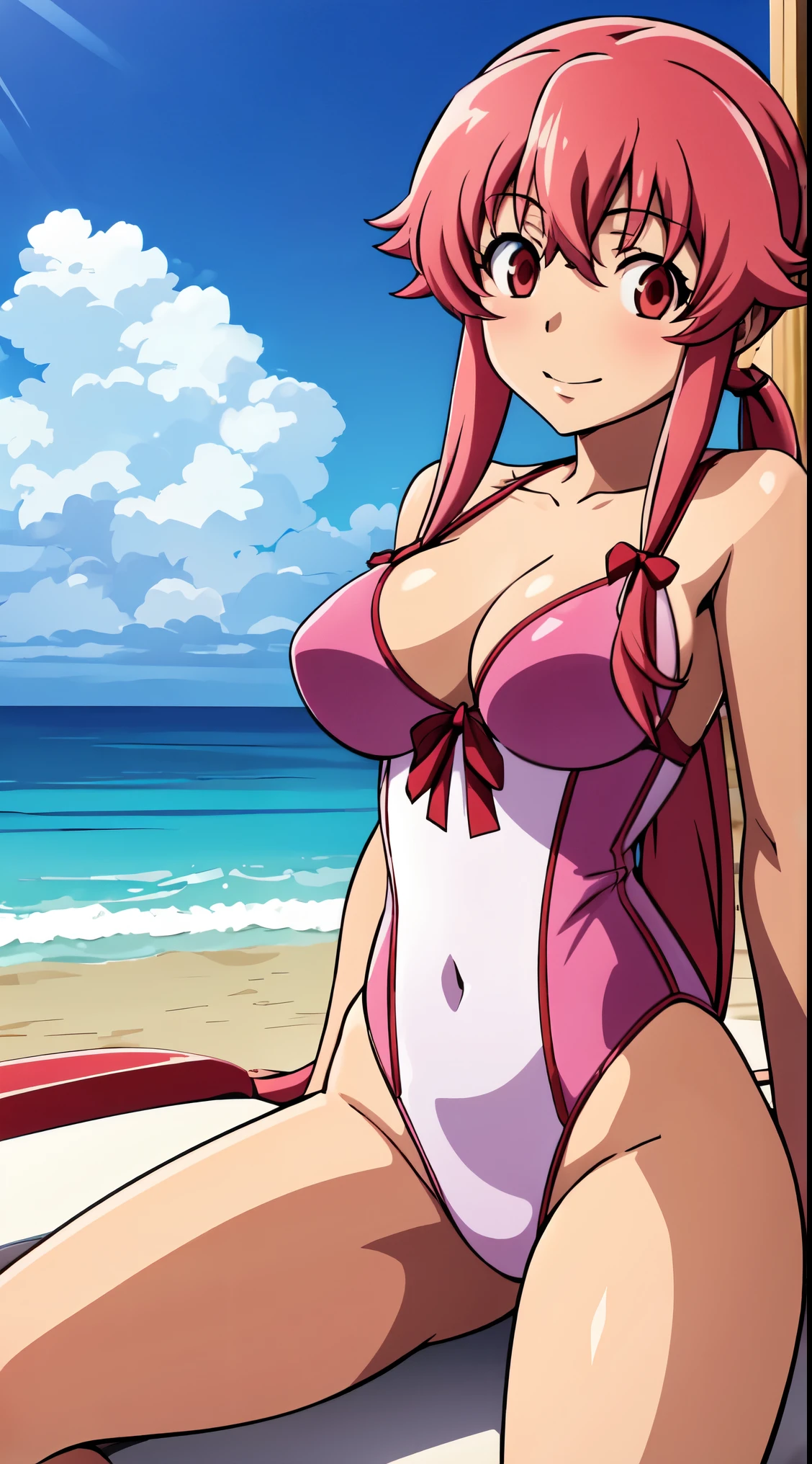 anime_still, masterpiece, best quality, y, 1girl, Yuno Gasai is sunbathing on the beach in a one-piece swimsuit, (large bre1), red eyes, beach, sunbathing, relaxing, sunbed, happy,