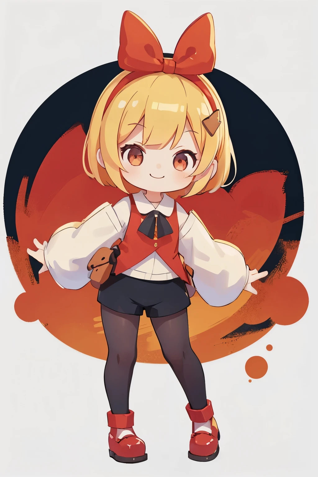 A girl with impressive blonde hair、hair ornaments、short bob、black pantyhose、No sleeve、hot pants、smile、Cute shoes with accessories、red hair band、dynamic pose