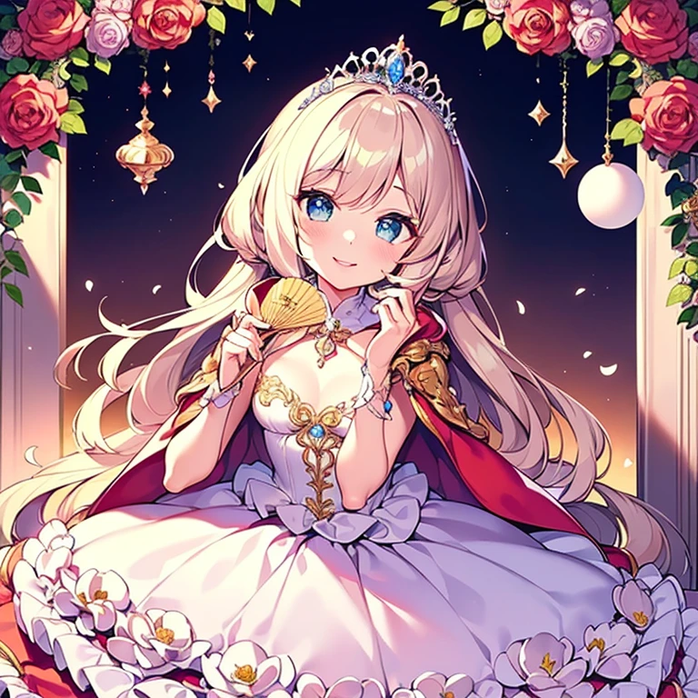 (kawaii),(best quality),(ultra detailed),(rococo style),(long train pastel pink cape:1.15), very long cape,(long train white ball gown with flower decorations:1.1), a girl is wearing a cape over her gown,(she has a western style fan:1.05), 1 princess, tiara, smile, very long hair, small breasts, beautiful detailed eyes, beautiful detailed lips