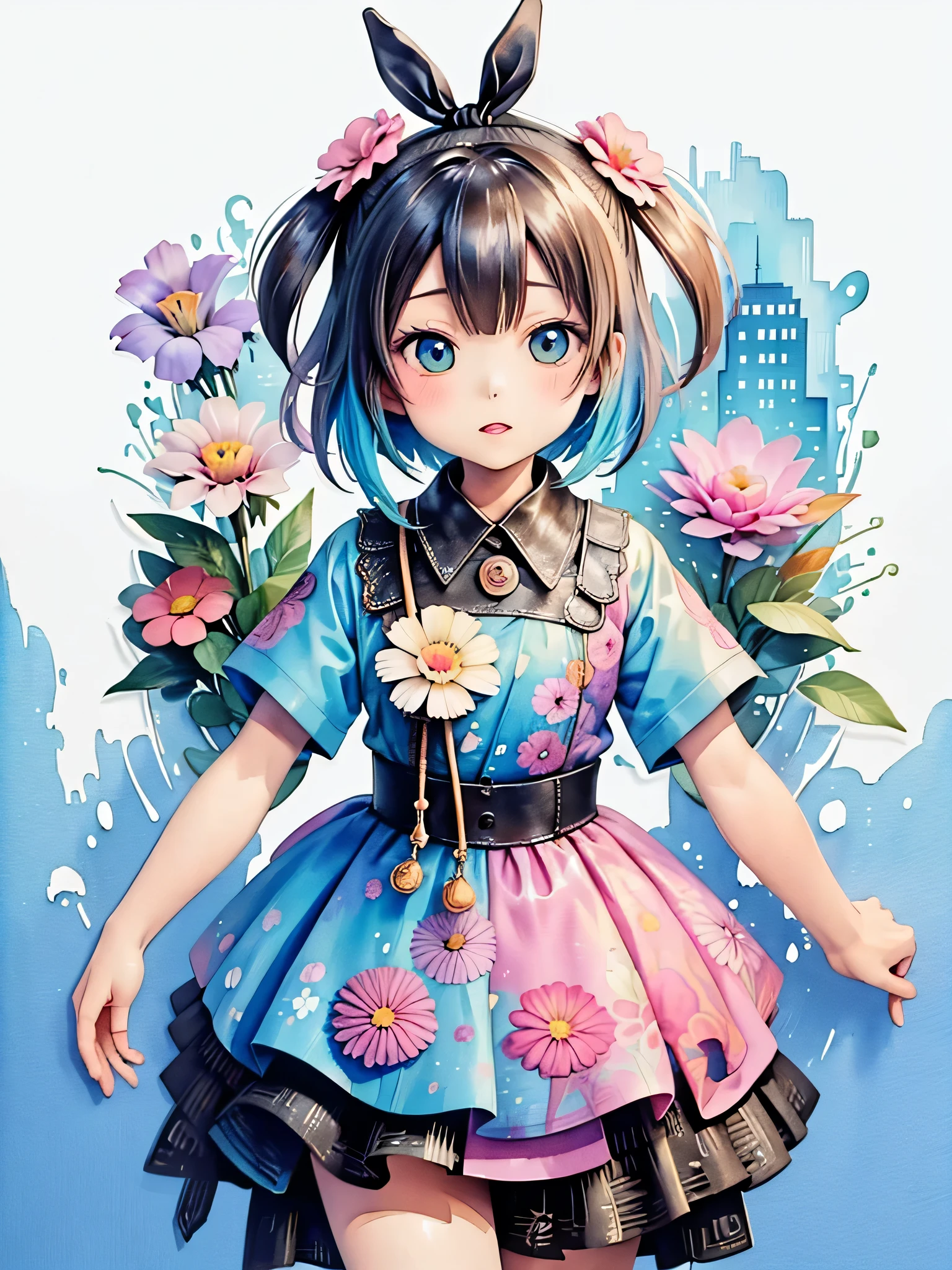 Aikaze Yazawa、8K quality, Takashi murakami'illustration of, intense watercolor, watercolor detailed art, watercolor splash, surreal, avant-garde pop art, Beautiful and expressive paintings, beautiful artwork illustration of, very colorful tones, wonderful, cool beauty, highest quality,official art, vector art,stylish design, ((most beautiful girl ever))), (((highest quality))), HDR, ((Detailed details)), (((graffiti art))), ((masterpiece))、((Super detailed))、(((colorful flowers)))、(((futuristic cityscape)))