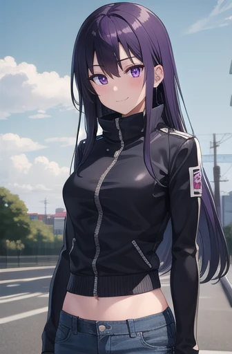 long hair, black hair, (purple eyes:1.3), hair between eyes, cute face, smile, blush, hair drills
BREAK jeans, zipped jacket, biker jacket, scarf, arm warmers, arms crossed, midriff peek
BREAK sky, clouds, road, asphalt
BREAK looking at viewer, wind, wind blowing
BREAK (masterpiece:1.2), best quality, high resolution, unity 8k wallpaper, (illustration:0.8), (beautiful detailed eyes:1.6), extremely detailed face, perfect lighting, extremely detailed CG, (perfect hands, perfect anatomy)