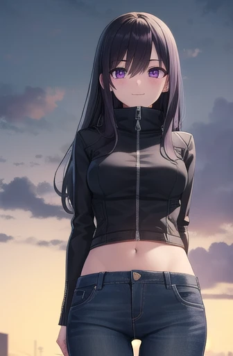 long hair, black hair, (purple eyes:1.3), hair between eyes, cute face, smile, blush, hair drills
BREAK jeans, zipped jacket, biker jacket, scarf, arm warmers, arms crossed, midriff peek
BREAK sky, clouds, road, asphalt
BREAK looking at viewer, wind, wind blowing
BREAK (masterpiece:1.2), best quality, high resolution, unity 8k wallpaper, (illustration:0.8), (beautiful detailed eyes:1.6), extremely detailed face, perfect lighting, extremely detailed CG, (perfect hands, perfect anatomy)