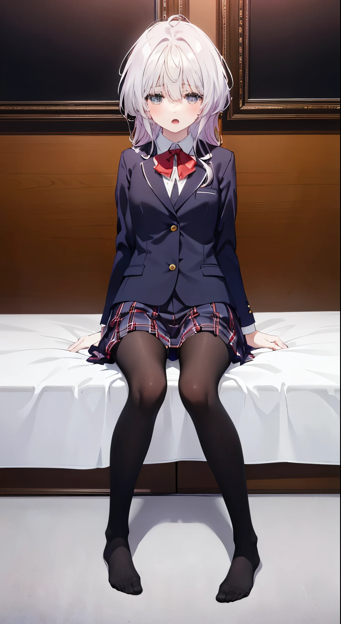 finest, masterpiece, High resolution, (Full body view from head to toe), Composition from the front and slightly below, symmetrical composition, Composition with accurate balance throughout the body、18 years old, slim and beautiful girl, alone, (small breasts), (not wearing shoes),messy hair, bangs, (black tights), (black pantyhose), (sitting on the floor with legs apart), (A pose in which the legs are spread apart on the bed), tied up with both arms hidden behind the back, (Composition showing white panties), (her legs spread、I can see white panties.), (Open mouth with a pained expression), blush, shy big eyes, looking at camera, blazer uniform, plaid pleated skirt