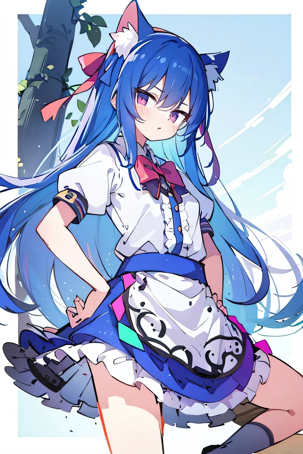 (masterpiece),best quality, expressive eyes, perfect face, 1girl,
Put your hands on your waist,fair, Gorgeous,Japanese cartoons,girl,lola,Hina Angel, blue hair, blue haired, floating clothes,Grab your waist, Grab your waist, hands on hips , hands on hips,sit, sit on ground, Legs on the ground, flat chest,cat ears,