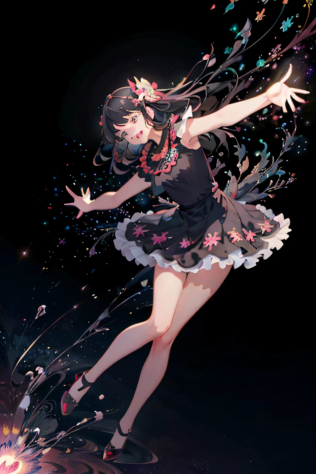 very detailed,(fractal art:1.1),(colorful:1.1)(flowers:1.3)、 (dynamic pose), (abstract background:1.3)、(lots of colors:1.4)、cute pose、laughter、black haired、stars in the eyes（about）、While singing with a microphone in hand、eye up、smile、Cute red shoes、Super detailed, shining light、bioluminescence、Stronger bokeh effect、shot from the side