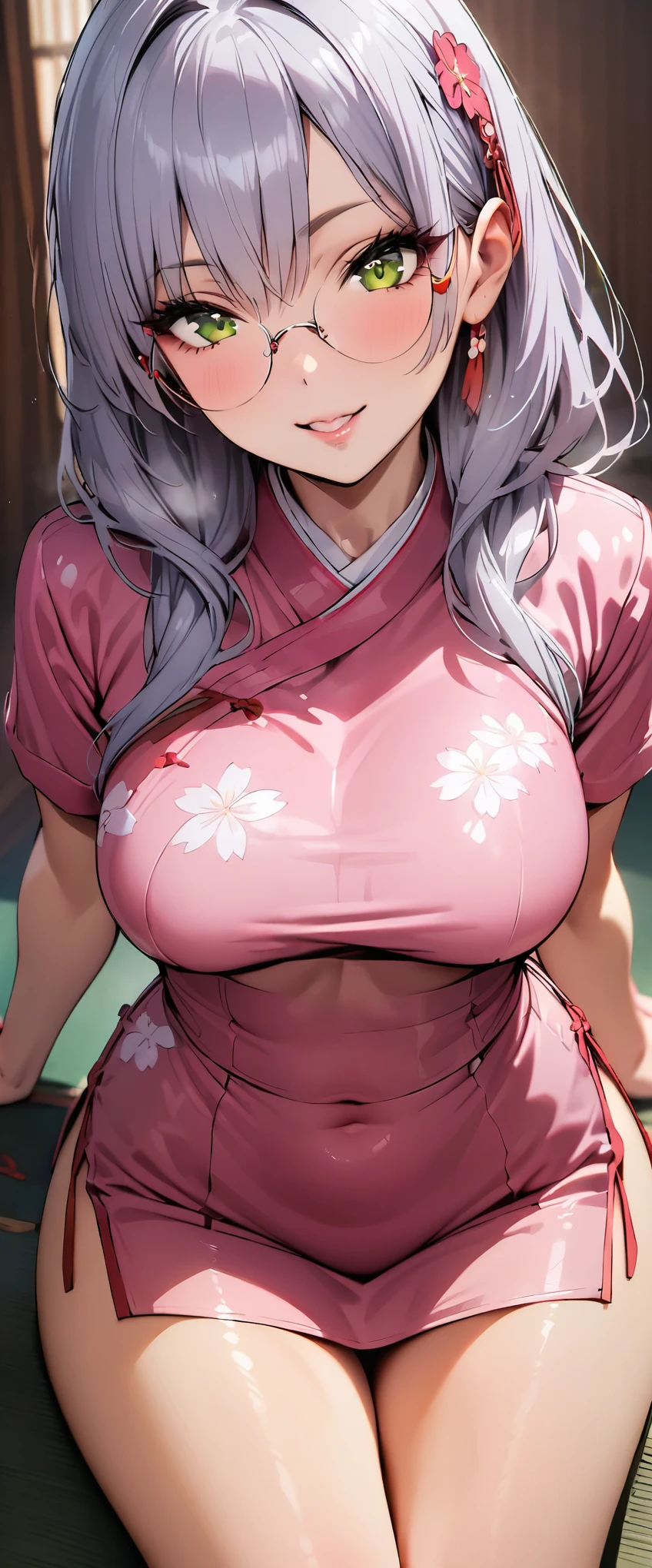 (masterpiece,highest quality,超A high resolution),japanese woman, (((Very beautiful 25 year old girl))), pretty girl、look at the photographer、 (()), super cute face, glossy lips, double eyelids in both eyes,natural smile、 natural makeup, long eyelashes, Shiny and smooth hair、center image, perfect limbs, perfect anatomy,(((Pink Rubber Cheongsam)))glasses
