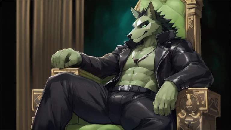 ( cerberus_(fortnite) ),anthro,(male),,3 heads,ears,solo,looking at viewer,,(skull head),skull,green claws,(black bodysuit),,sitting on throne,sitting,low-angle_view ,(hand on chin),hand on leg,((black face)),(((5 fingers))),,abs,((glowing eyes,empty_eyes ,))green eyes,upper body,(glowing body,green body),black tail,((tail)),(trousers),,leather jacket,open jacket,,leg armor,(by taetae),by agitype01,by bebebebebe,by takemoto arashi,by null-ghost,by chung0 0,shadow,detailed  background,dark background,throne room,stone,     #Character
#muscle
#cerberus_(fortnite) cerberus_(fortnite) skull head