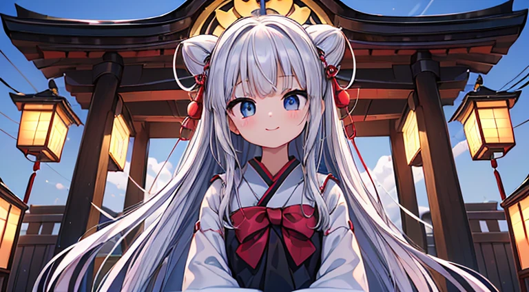 ((4k、8K、highest quality、perfect fingers: 1.3、perfect anatomy: 1.3、background blur))、((、beautiful girl 、baby face、Blhite Japanese leotard shrine maiden uniform、long straight hair、Beautiful big eyes))、happy smile、full body display、blue sky and summer meadow、