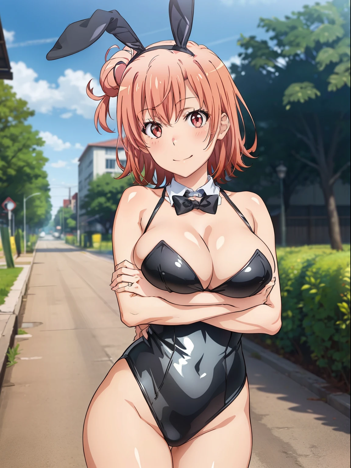 ((masutepiece, Best Quality, hight resolution, nffsw, Perfect Pixel, depth of fields, 4K, )), 1girl in, Solo, , Beautiful anime girl, Beautiful Art Style, close up, Looking at Viewer, Perfect body, Yuigahama Yui, Short hair, pink hair, (large boob), Full face blush, Smile, thighs thighs thighs thighs, black playboy bunny, Summer, Leading Ahead, hugging, Cowboy Shot, Focus,
