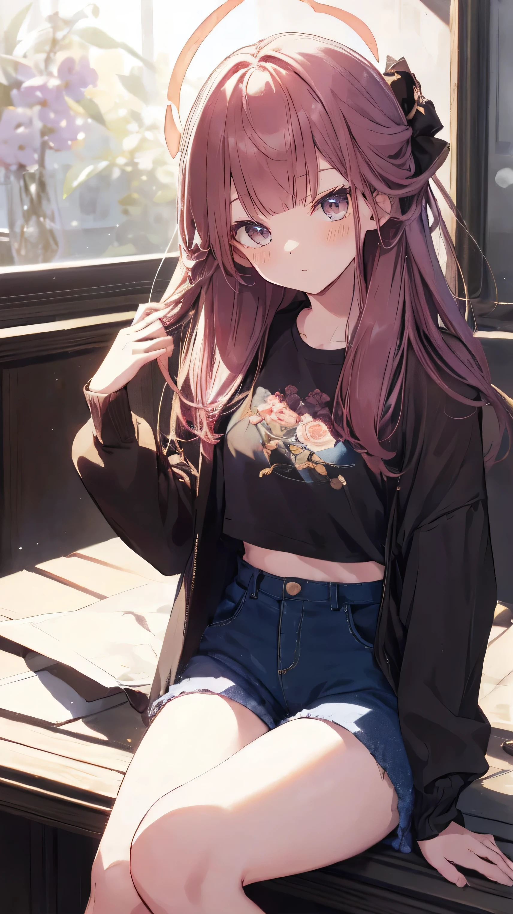master piece、Highest image quality、highest quality、 ((panic))、glossy hair quality、small face、sitting、Super detailed and beautiful bright eyes、Super detailed clear and beautiful face、(cute illustration:1.2), High-resolution, ultra-detailed, best quality, embarrassed、(Gaps in shorts).(Cute underwear that can be seen at a glance)