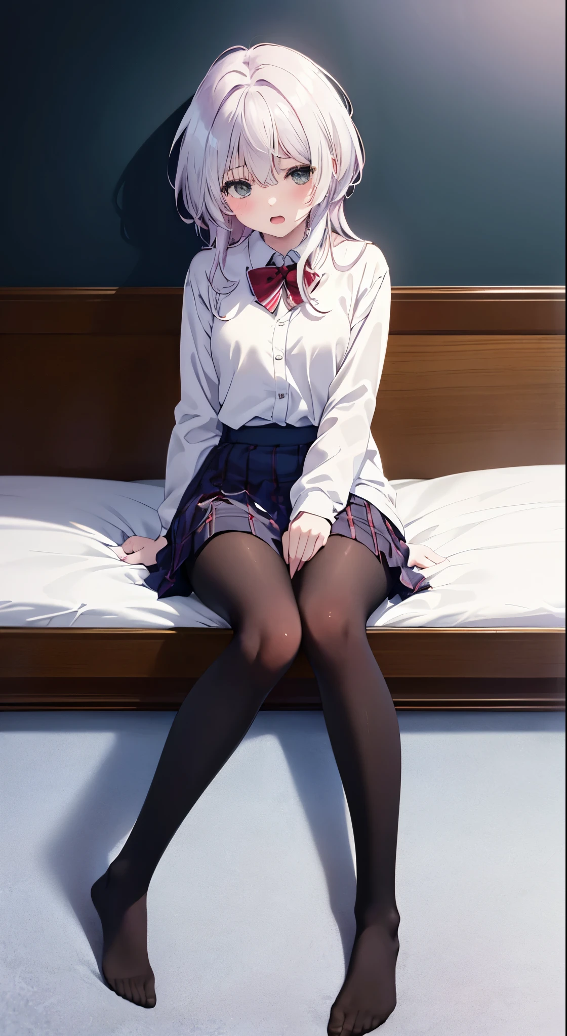 finest, masterpiece, High resolution, (Full body view from head to toe), Composition from the front and slightly below, symmetrical composition, Composition with accurate balance throughout the body、18 years old, slim and beautiful girl, alone, (small breasts), (not wearing shoes),messy hair, bangs, (black tights), (black pantyhose), (sitting on the floor with legs apart), (A pose in which the legs are spread apart on the bed), tied up with both arms hidden behind the back, (Composition showing white panties), (her legs spread、I can see white panties.), (Open mouth with a pained expression), blush, shy big eyes, looking at camera, blazer uniform, plaid pleated skirt