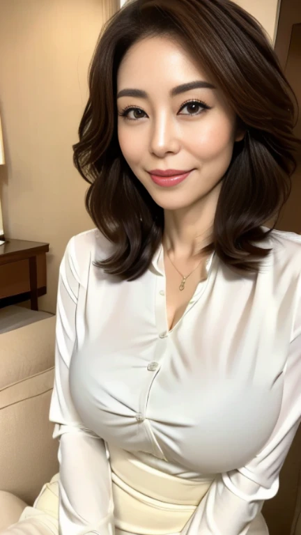 最high quality, 8K, lively, sharp focus, high quality, High resolution, middle-aged women, mature woman, 49 years old, (Full body Esbian), (Detailed face wearing high heels, highly detailed eyes, thick lips, plump body shape、plump face、((big breasts 1.8))、((On a white blouse))、navy blue tight skirt、Love hotel room、random hairstyle、gentle smile、