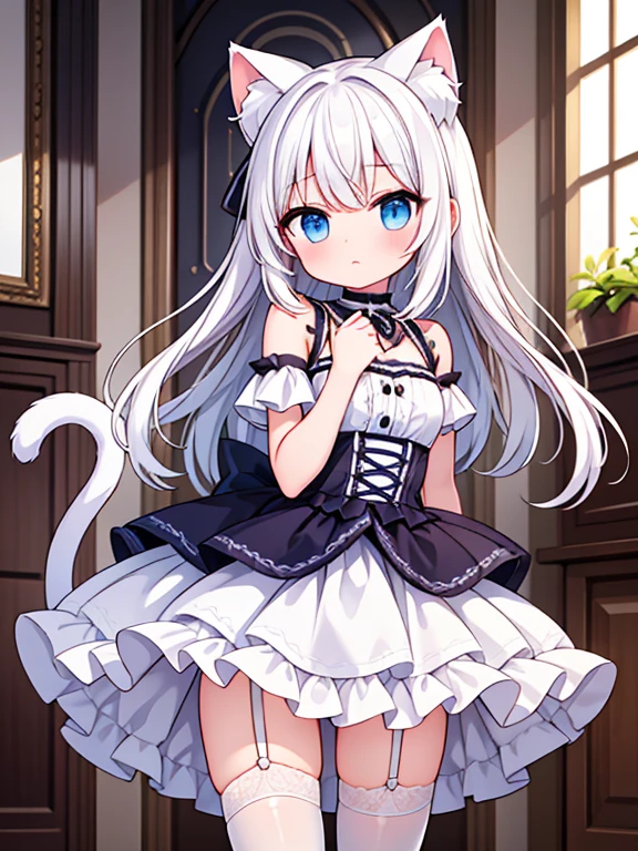 masterpiece, {{{{highest quality}}}}, beautiful,1 girl, white_hair, Cat ear(white), cat tail(white), ruffle chalk、mini skirt_dress, just_shoulder, garter belt,garter strap