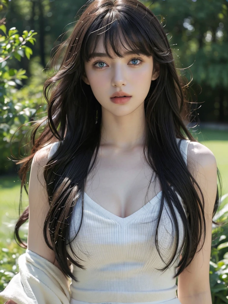 ( masterpiece, top quality, best quality,8k,17 years old girl,ultra detailed,raw photo:1.5),(photorealistic:1.4), (long wavy hair,bangs, black hair:1.5), (cinematic lighting), PerfectNwsjMajic, , Surrealism, UHD, ccurate, Super detail, textured skin, High detail, Best quality, dynamic angle, (high nose,White skin),[Beautiful blue eyes],[flat chest:large breasts:0.5],(1girl),(good anatomy:0.5)),(outside)