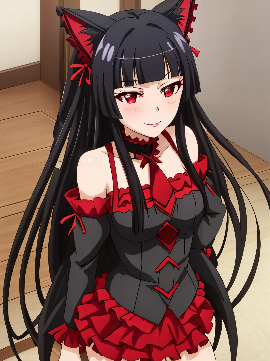 Rory Mercury, Rory Mercury, black hair, dull bangs, princess cut, hair ornaments, lipstick, long hair, compensate,(red eyes:1.5),、closed mouth、Absolute reference to center、blush、smile、cowboy shot