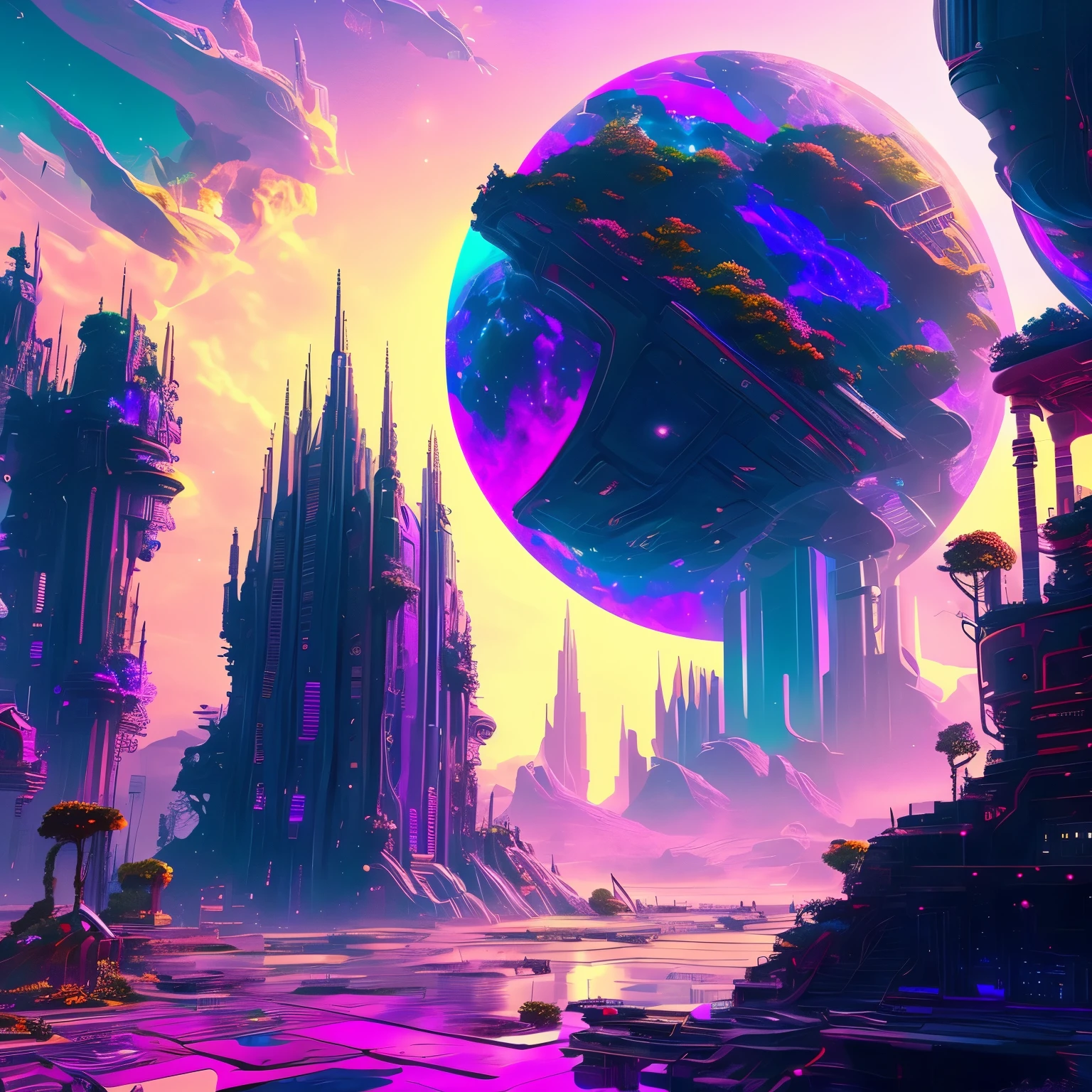 insanely detailed, best quality, space, planet, fantasy, cyberpunk, vibrant academia, in the style of psychedelic