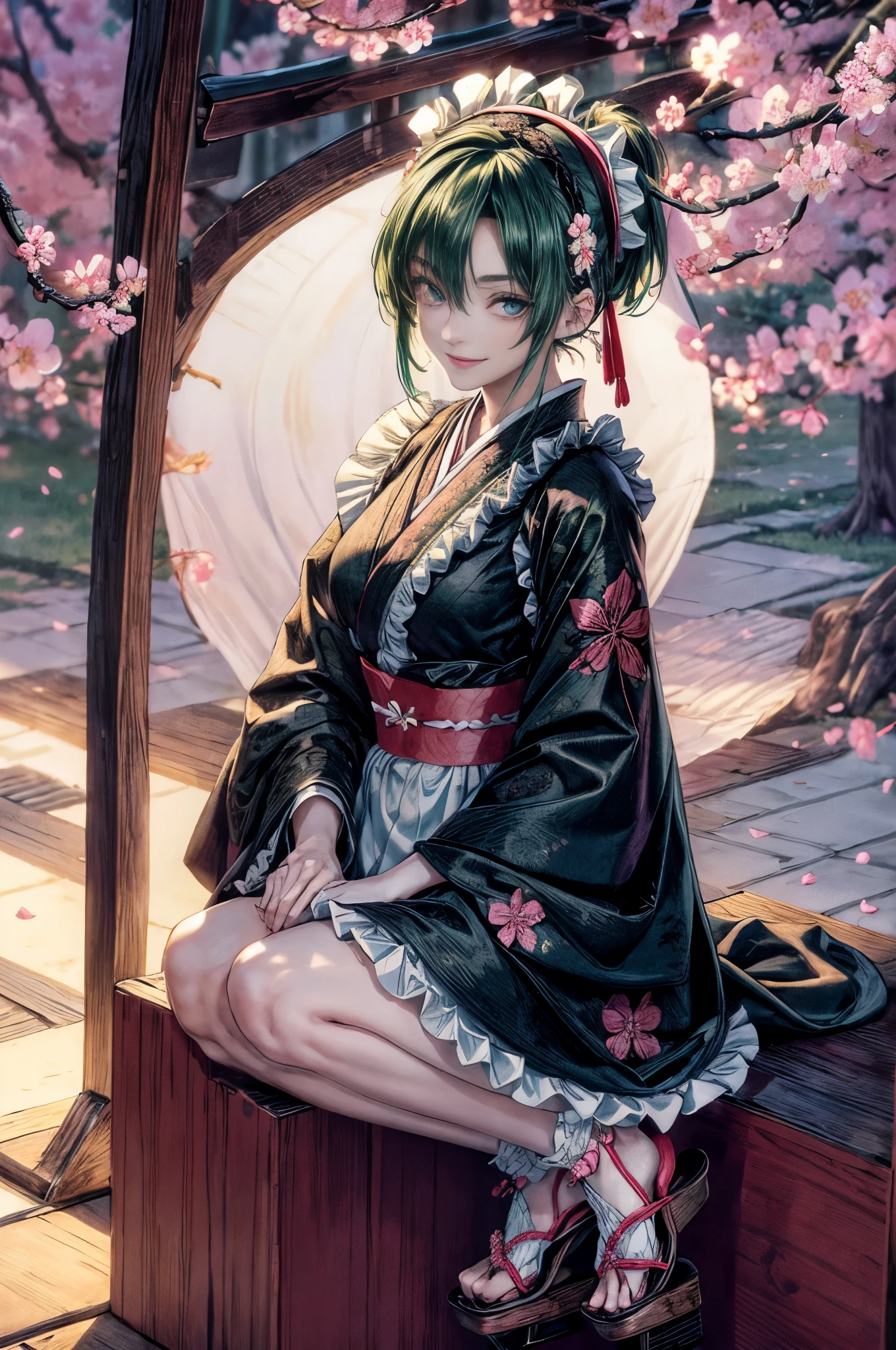 cinematic lighting、highest quality,cyberpunk world、1 female、black theme、(19 year old beauty、small breasts、slender body、blue eyes)(black and green hair、pigtail hairstyle、shoulder length hair:1.2)(Greet with a smile:1.4)、break.(Moss Green Hair)BREAK (fusion of housekeeper costume and black kimono with cherry blossom petal embroidery:1.2), (long kimono sleeve:1.3), BREAK (wearing a white half-apron over a kimono:1.3), ((white brim, maid headband) with ruffles:1.3), BREAK (Japanese clogs geta:1.2), stand、Morning cherry blossom viewing、(under the cherry tree、park lawn)