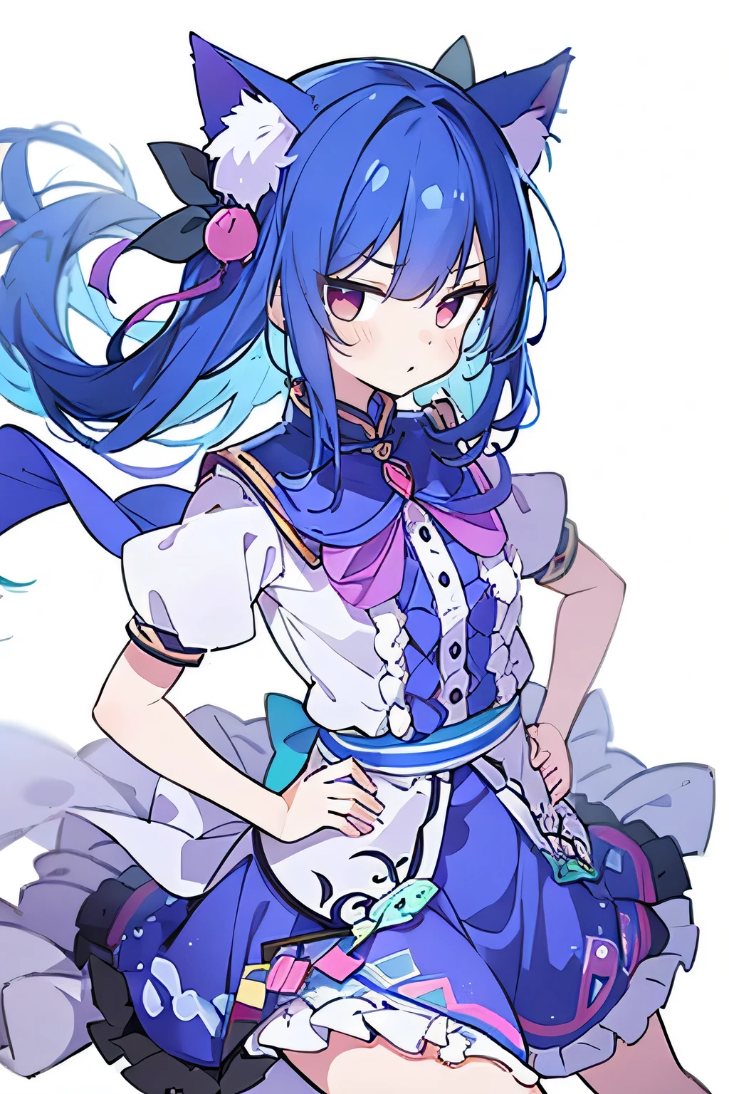 (masterpiece),best quality, expressive eyes, perfect face, 1girl,
Put your hands on your waist,fair, Gorgeous,Japanese cartoons,girl,lola,Hina Angel, blue hair, blue haired, floating clothes,Grab your waist, Grab your waist, hands on hips , hands on hips,sit, sit on ground, Legs on the ground, flat chest,cat ears,