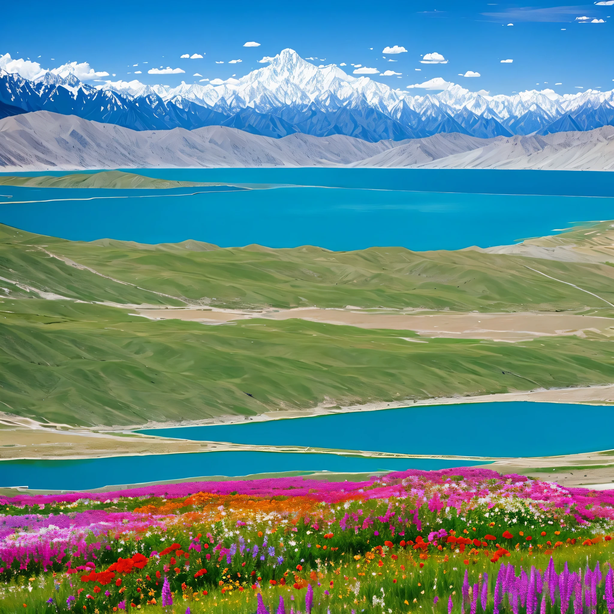 Sayram Lake in summer，Flowers bloom