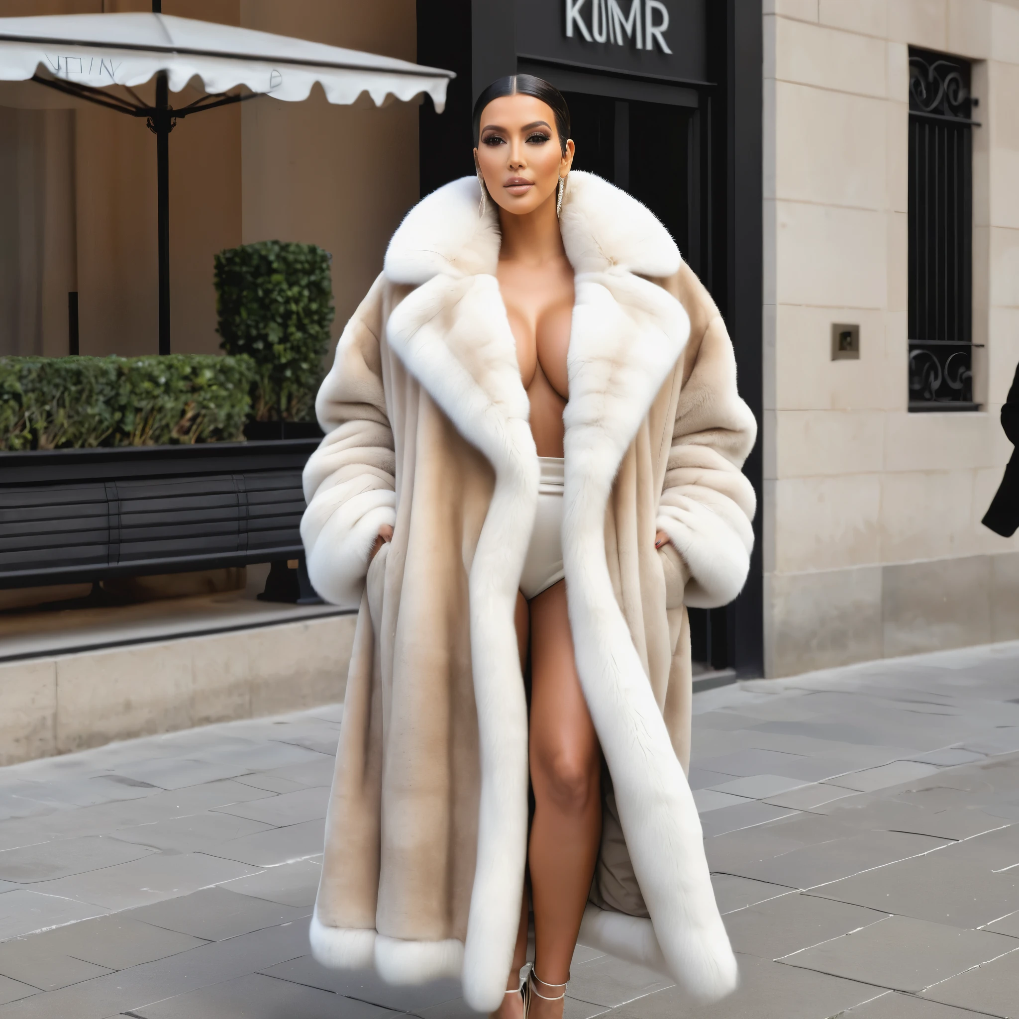 A very wide and very thick, very long sand mink fur coat, fifty centimeters thick, duveteux, naturel, with an ultra thick white and sand mink fur collar, three layers, sur Kim Kardashian, fully nude front view, bare shoulders, and two large breast discovered by the fur, at sunny , en haute résolution de la plus high quality、,Photo 8K HDR), Realistic texture, realistic shadows,
