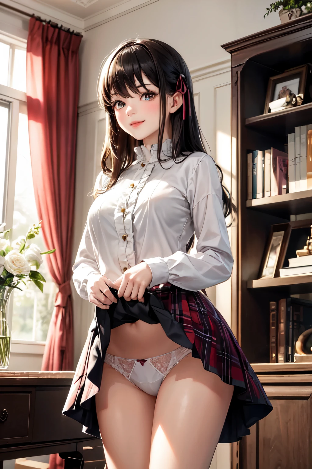 very cute and beautiful girl,(highly detailed beautiful face),(smile),blush,cowboy shot,
(white blouse with detailed frills),long sleeve BREAK standing,skirt lift,(laced white panties),
hair ribbon,black hair,(scarlet plaid mini skirt)
BREAK antique living room,flowers in vase,wooden desk,(bookshelf:0.9),jewelry box,european carpet,distant trees,
(best quality,masterpiece:1.0),absurdres,highres,ultra-detailed,extremely detailed,32k,8k resolution,
intricate details,cinematic scene,detailed background,solo,dynamic angle,