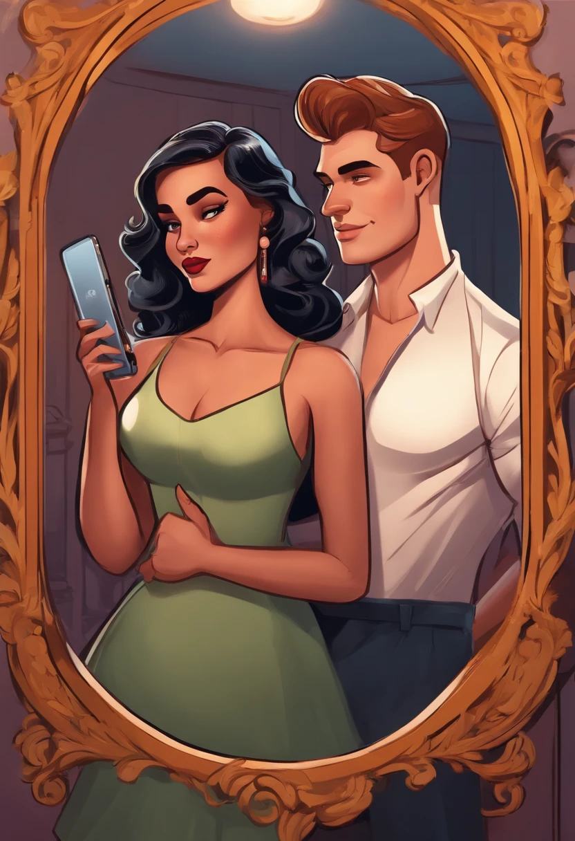 Cartoon character couple having a mirror shot the girl is holding the phone and the guy is holding the girl's waist