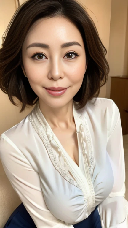 最high quality, 8K, lively, sharp focus, high quality, High resolution, middle-aged women, mature woman, 49 years old, (Full body Esbian), (Detailed face wearing high heels, highly detailed eyes, thick lips, plump body shape、plump face、(((big breasts 2.3)))、(((On a white blouse)))、Beige tight skirt、Love hotel room、random hairstyle、gentle smile、