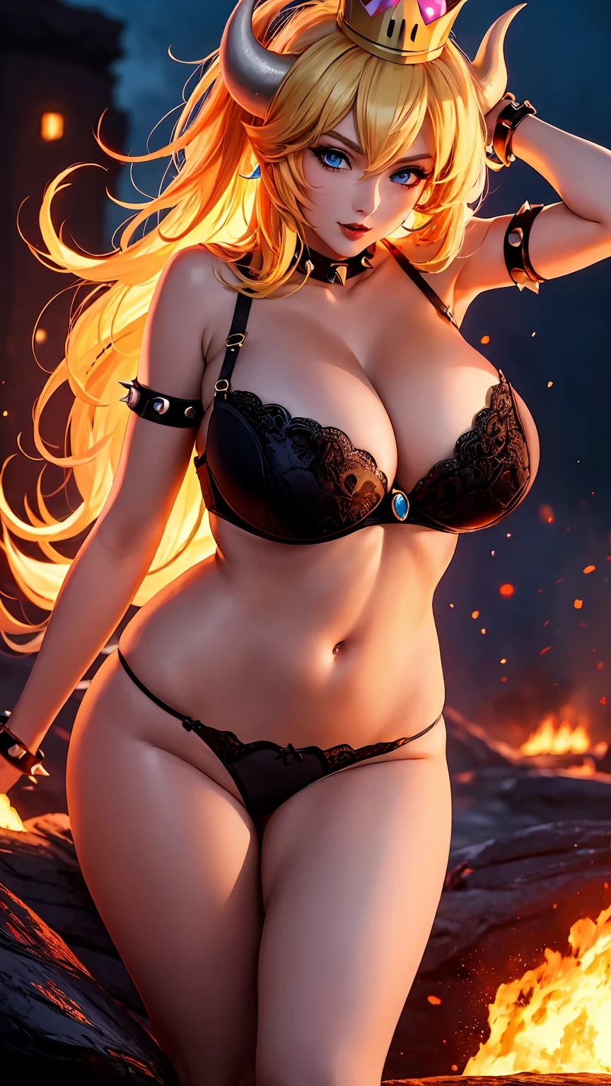 ((high detailed, best quality, 4k, masterpiece, hd:1.3)), ((best quality)), (((HD))), (((8k))), (ultraDH), (ultra HD), Princess Daisy, blue eyes, BREAK blue eyes, seductive, attractive, smooth anime cg art, 36C breasts, long legs, vivid colors, detailed digital art, slim body, perfect skin, dark blonde hair, long hair, blonde hair, blonde hair, BREAK crown, cleavage, 36C cleavage, looking at viewer, BREAK looking at viewer, extremely detailed face, red santa suit, red santa claus suit, santa claus suit, earrings, gem, dark black makeup lips, dark gothic eyeshadows, dark eyeshadows, black eyeshadows, black sexy lips, black lips, (dark:1.2), dark lips, very dark lips, (perfect hands, perfect anatomy), black makeup, black medium lips, black thick lips, detailed fingers, five fingers per hand, 5 fingers, (1 girl), detailed lips, detailed black lips, black painted lips, gothic painted lips, BREAK night, night sky, (breast focus), (arms outstreched:1.2), (from above:1.1), (breasts out:1.3), (off shoulder:1.1), (white horns), (((bra with straps))), inside a lava castle, she inside a sea of lava, she bathing in lava, full body, perfect long legs, perfect foots, legs and foots into the lava, (((gigantic breasts)))